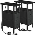 Narrow End Tables Living Room Set of 2 with Charging Station, Skinny Side Table with Fabric Drawers, Slim Nightstand for Bedroom, Small Spaces, Couch, Black, HETNDP02BK