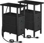 Narrow End Tables Living Room Set of 2 with Charging Station, Skinny Side Table with Fabric Drawers, Slim Nightstand for Bedroom, Small Spaces, Couch, Black, HETNDP02BK