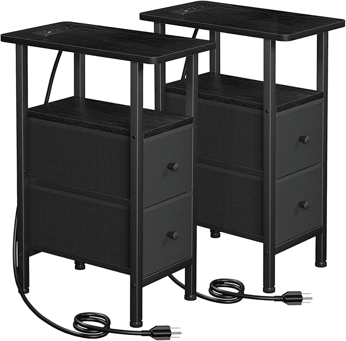 Narrow End Tables Living Room Set of 2 with Charging Station, Skinny Side Table with Fabric Drawers, Slim Nightstand for Bedroom, Small Spaces, Couch, Black, HETNDP02BK