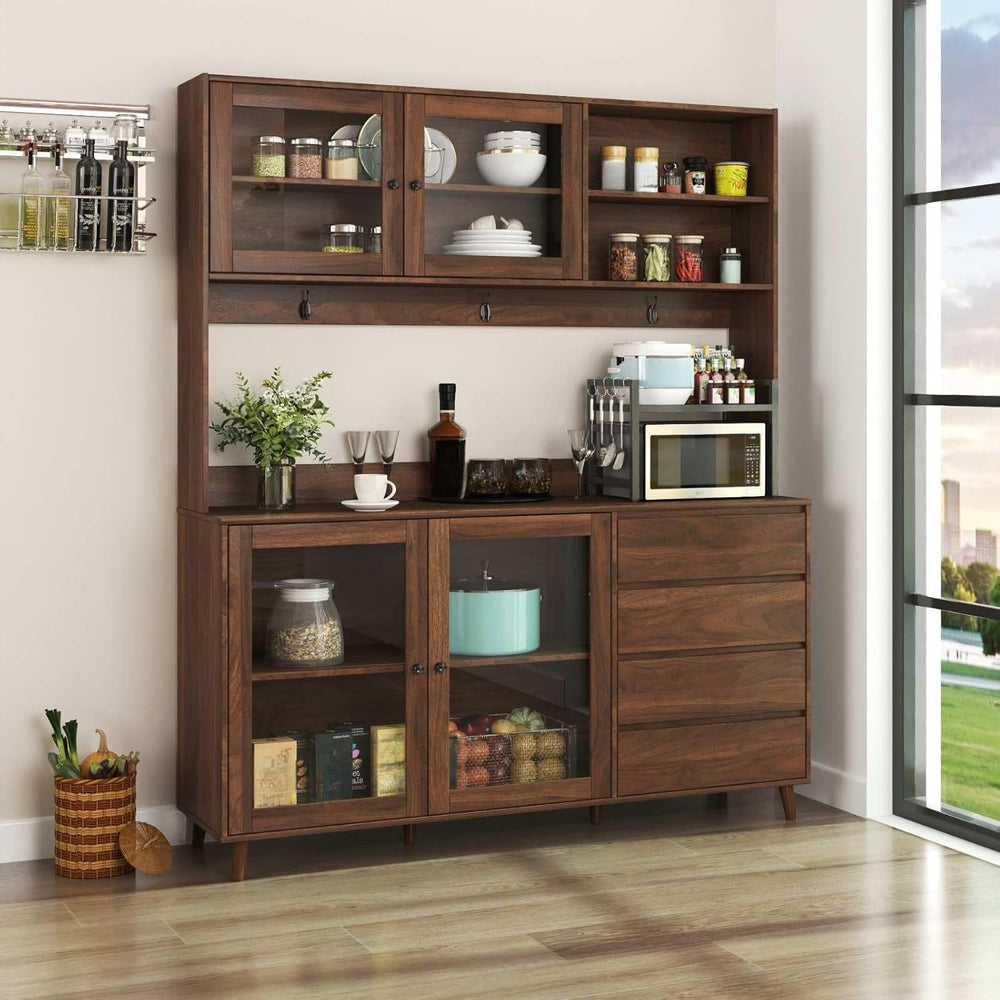 Kitchen Pantry Cabinet with Hutch, 4 Drawers, Glass Doors, Adjustable Shelves...