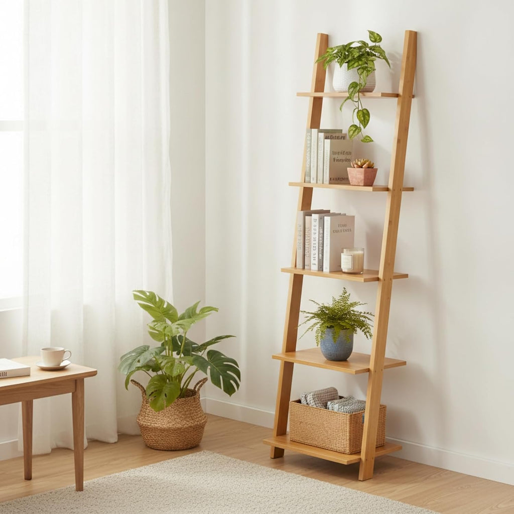 Multi Layer Storage Shelf Ladder Bookcase Stand with Bamboo Texture and Secure Wall Support Suitable for Cozy Living Compact Room Organization airy Interior Styling