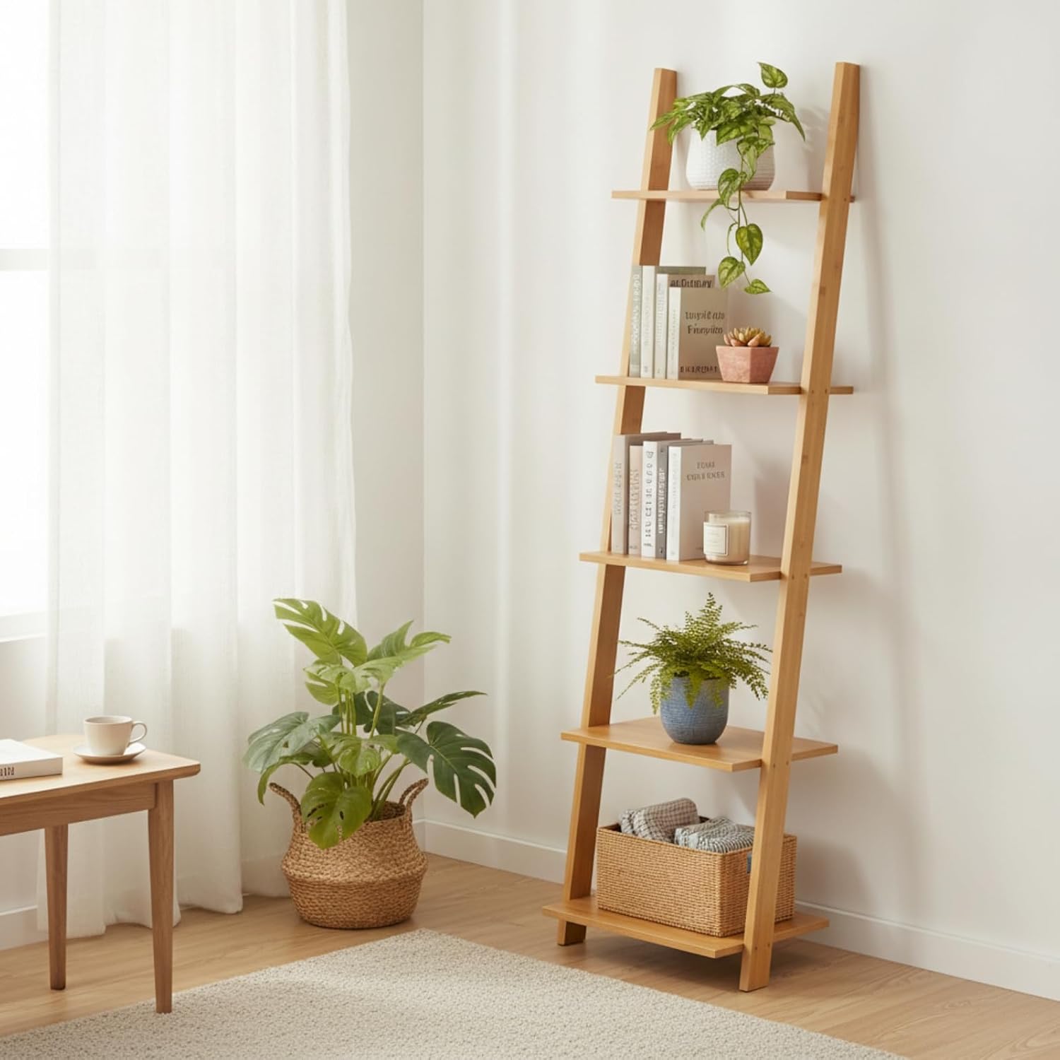 Multi Layer Storage Shelf Ladder Bookcase Stand with Bamboo Finish and Stable Side Supports Suitable for Hallway Storage Apartment Organization Office Display