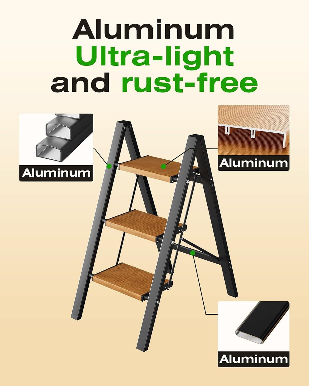 3 Step Stool Foldable,Aluminum Step Ladder-Blackwoodgrain
