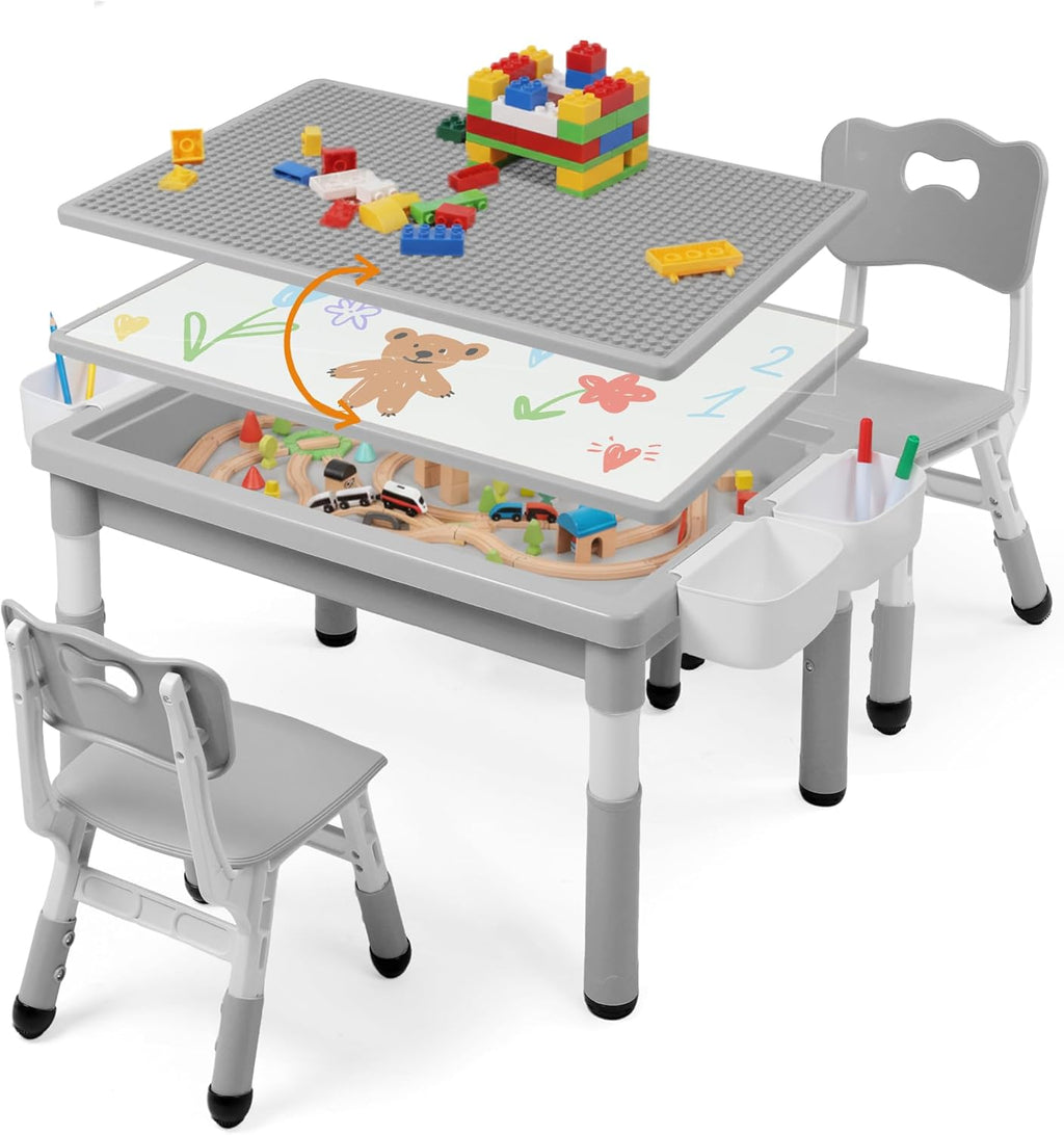 Kids Table and Chairs Set Large Storage, Height Adjustable Toddler Activity Table and 2 Chairs Set, 34.6x24.8" Graffiti/Block Building Desktop, 4 Side Boxes, Kids desk for Home, Preschool, Classroom