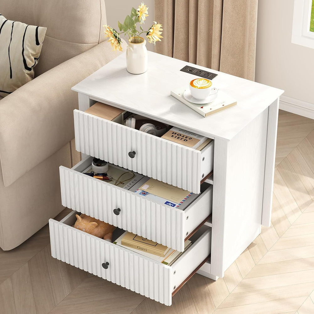 24" Wide Nightstand with Charging Station, Modern Fluted Bedroom Nightst...