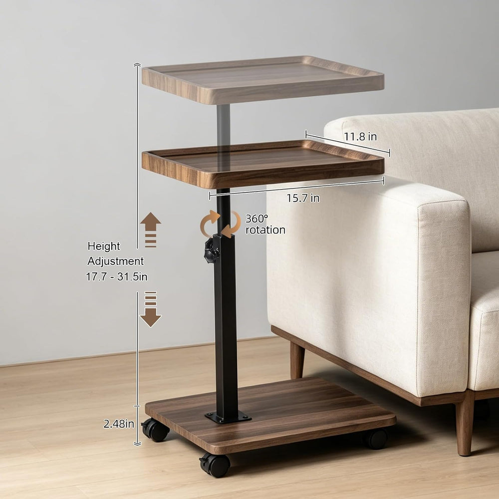 TV Tray Table with Wheels, 360° Swivel C Shaped, Walnut