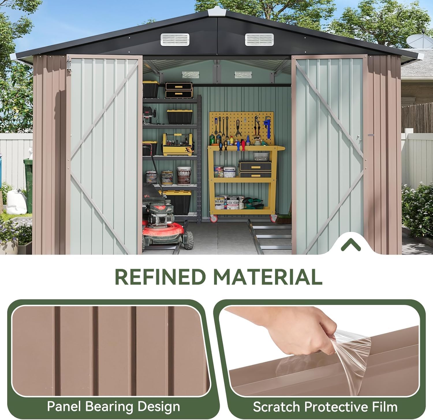 Aoxun 10 x 12FT Shed with Base Utility Garden Galvanized Steel Shed with Lockable Door & Sloped Roof Metal Sheds Outdoor Storage for Garden, Backyard, Patio and Backyard (Brown/Base Included)