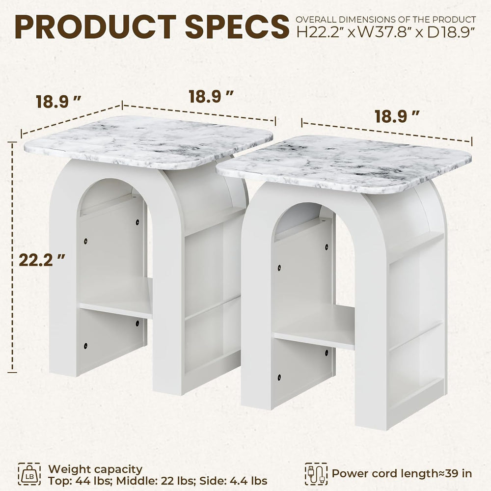 FIMELLO 19" End Table Set of 2 with Marble Top, Modern Arched Night Stan...