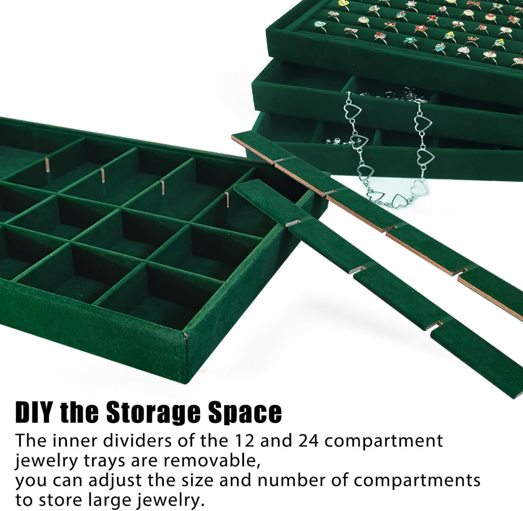 Rocutus Jewelry Trays,3 Pack Stackable Velvet Jewelry Organizer Tray Drawer Jewelry Storage Tray,Divided Ring Organizer Tray for Earrings, Necklaces, Bracelets,13.8"x9.5"x1.2" (Dark Green)