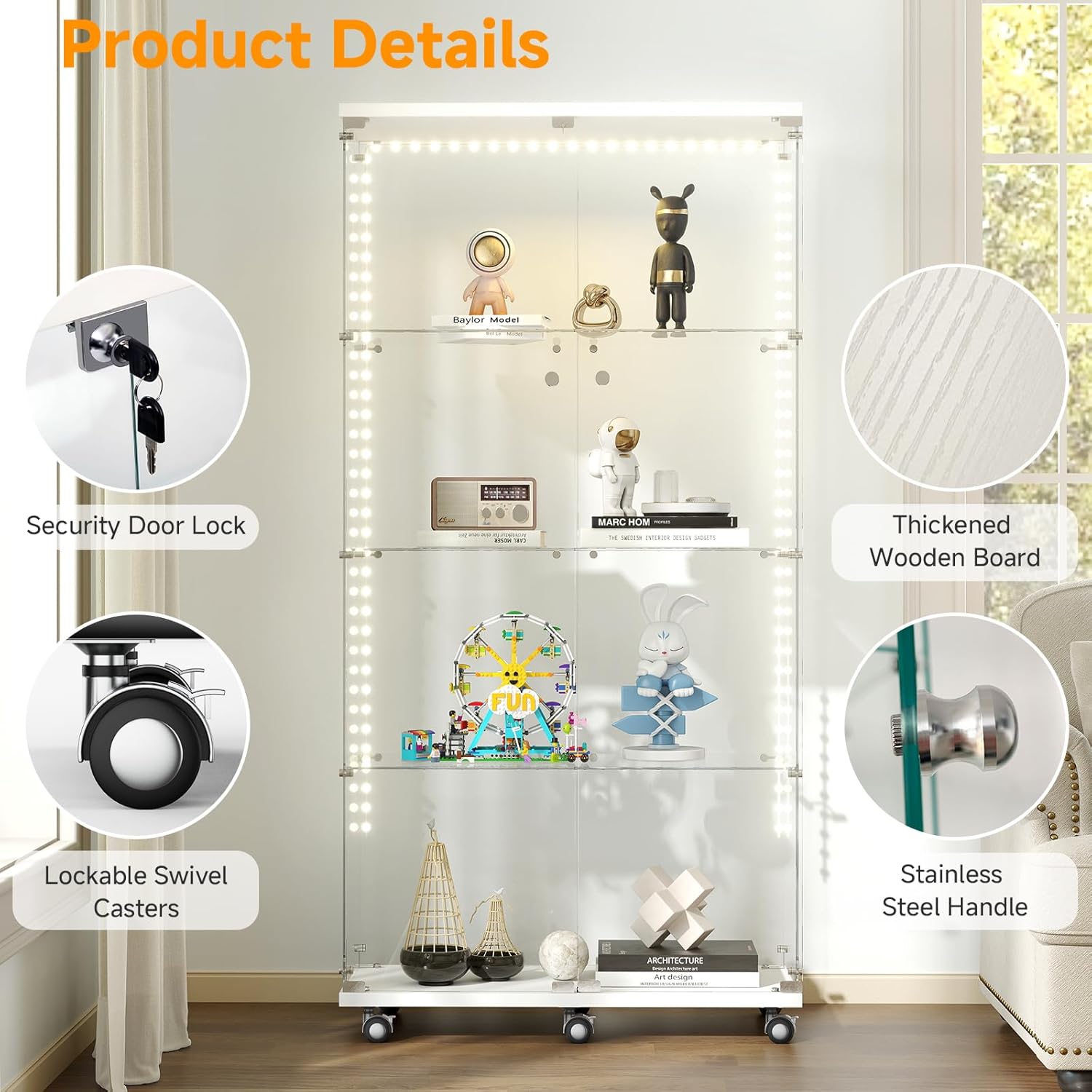 Tempered Glass Display Cabinet with Light Strip, 4-Tier Curio Cabinet with Glass Doors Wheels Locks, Glass Display Case for Collectibles for Living Room, Bedroom, Office, White, Double Door