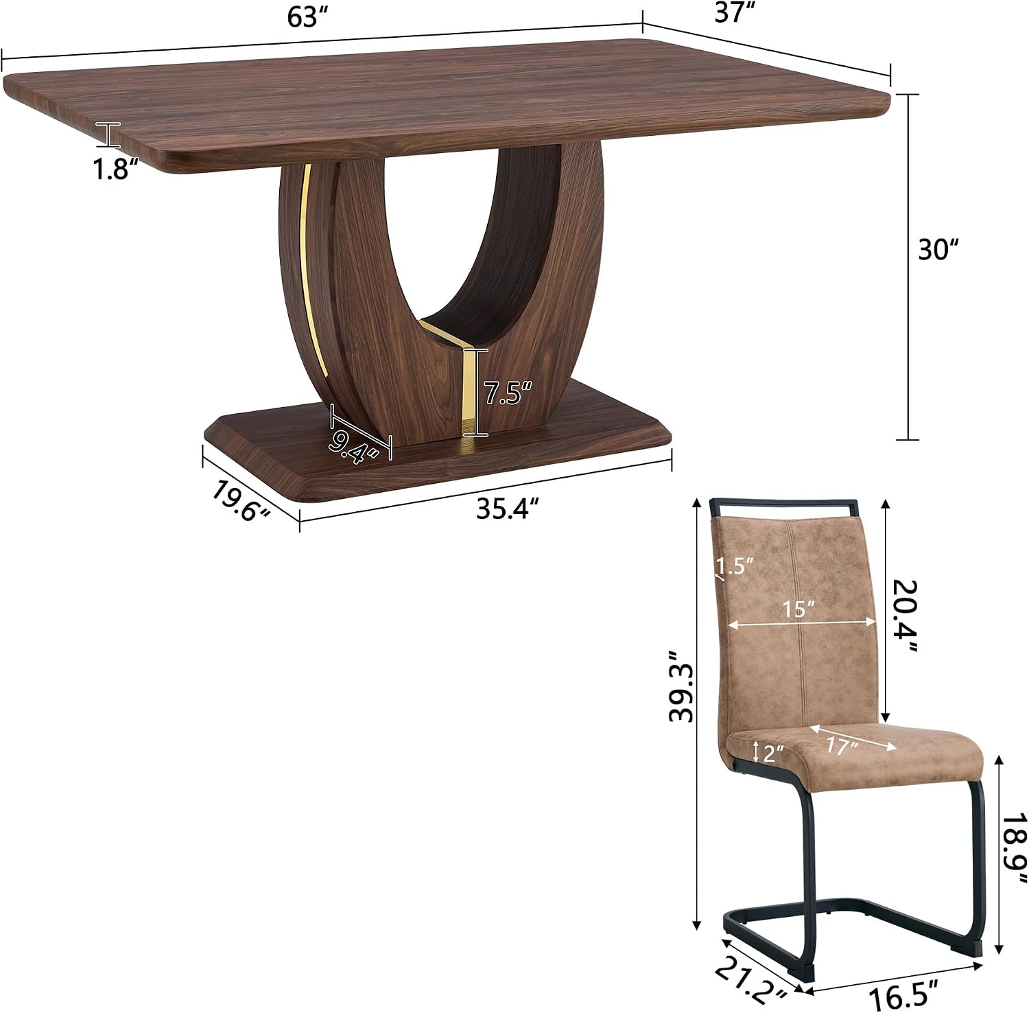 JUFU Dining Table Set for 6, 63 Inch Rectangular Kitchen Table and 6 PU Upholstered Chairs, Walnut Wood Grain MDF Tabletop, U-Shaped Pedestal Base, Modern Dining Room Set for Kitchen, Apartment