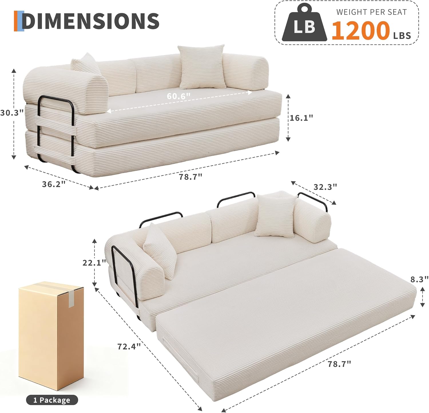 GarveeHome 79" Convertible Sleeper Sofa Bed Couch, 4-in-1 Boneless Corduroy Folding Sofa Bed with Pillow & Fixed-Shape, Floor Mattress Couch Loveseat for Living Room Apartments - No Assembly, Beige