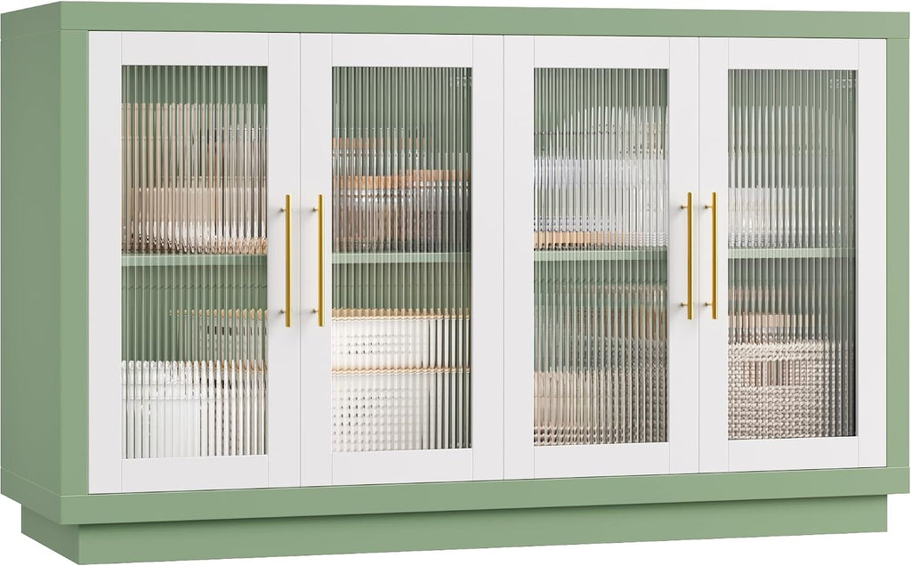FOTOSOK Buffet Cabinet with Storage, Kitchen Cabinet with 4 Glass Doors | 55.1" Large Sideboard Cabinets, Modern Sideboard Storage Cabinet, Wood Coffee Bar Buffet Table for Kitchen, Green/White