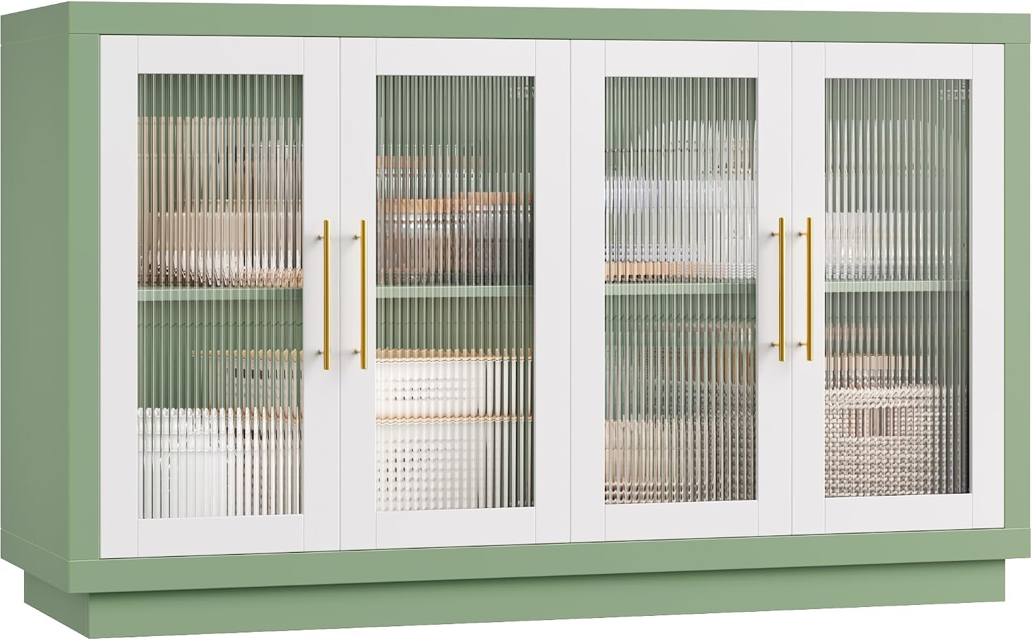 FOTOSOK Buffet Cabinet with Storage, Kitchen Cabinet with 4 Glass Doors | 55.1" Large Sideboard Cabinets, Modern Sideboard Storage Cabinet, Wood Coffee Bar Buffet Table for Kitchen, Green/White