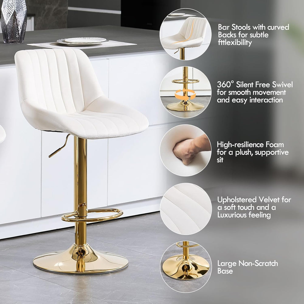 Barstools Set of 3, Golden-Cream, Adjustable Swivel Bar Stools | With Back, A...