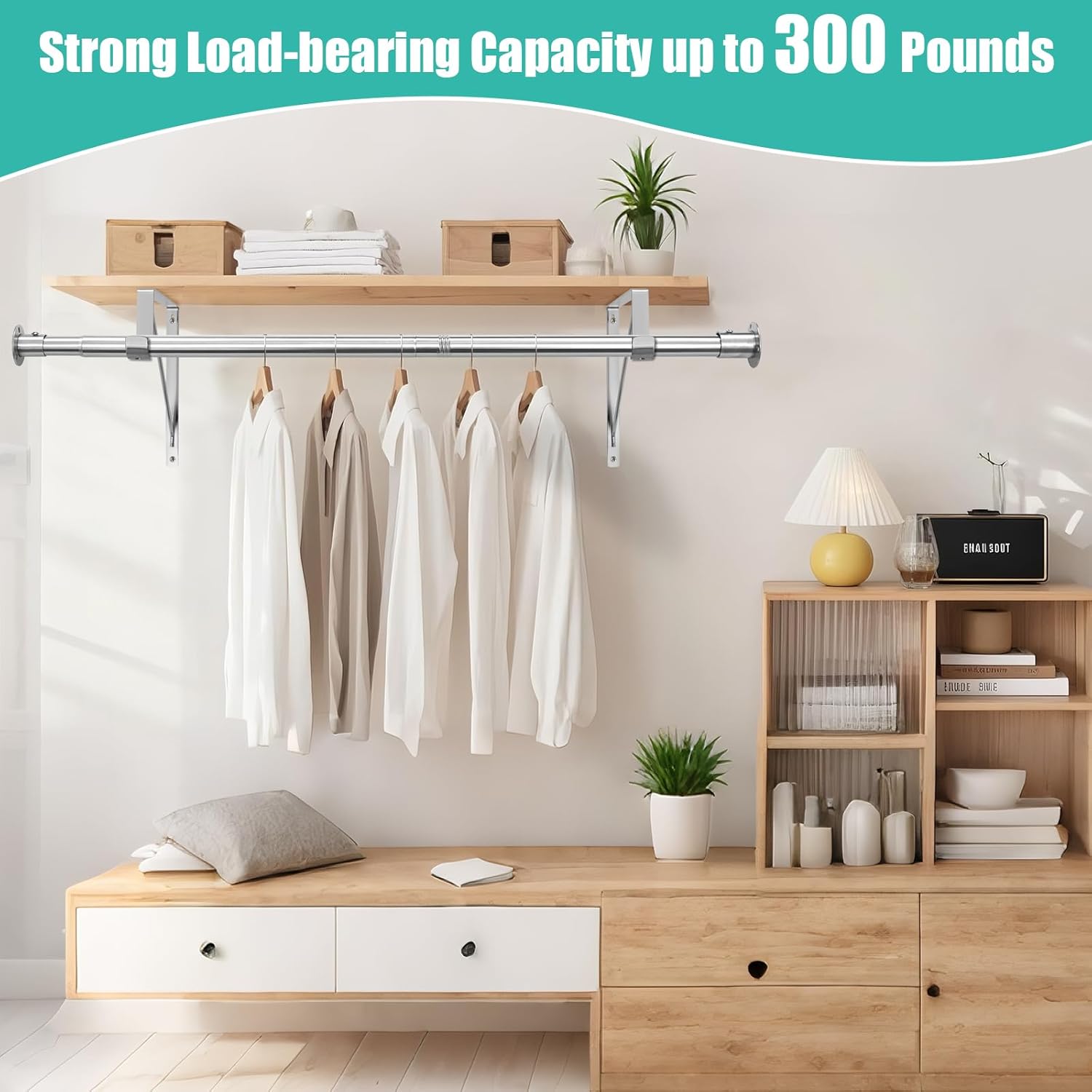 Closet Rod, 16 to 100 Inch Closet Rods Heavy Duty Adjustable Wardrobe Poles for Hanging Clothes and Heavy Duty Bracket Closet Pole Support (The Shelf NOT Included)(Silver)