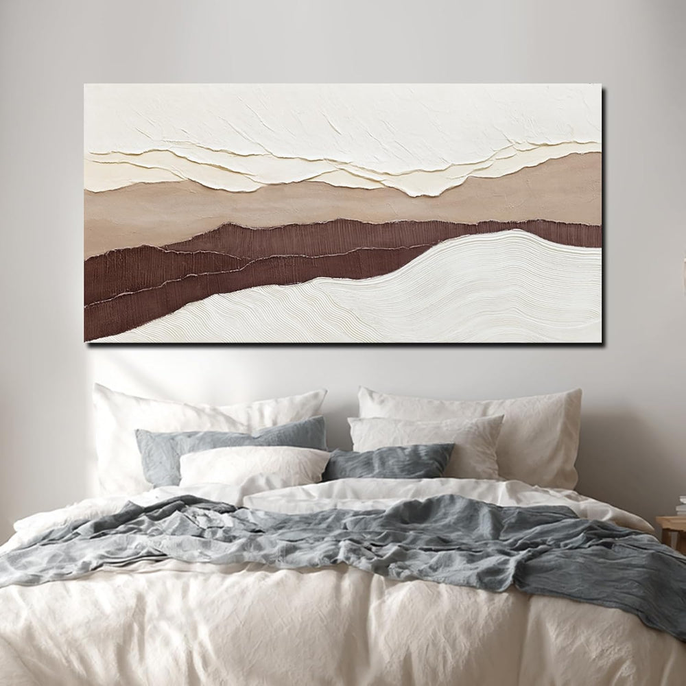 LEVERUP Beige and Brown Abstract Canvas Textured Wave Wall Art 29x58 inch Lar...