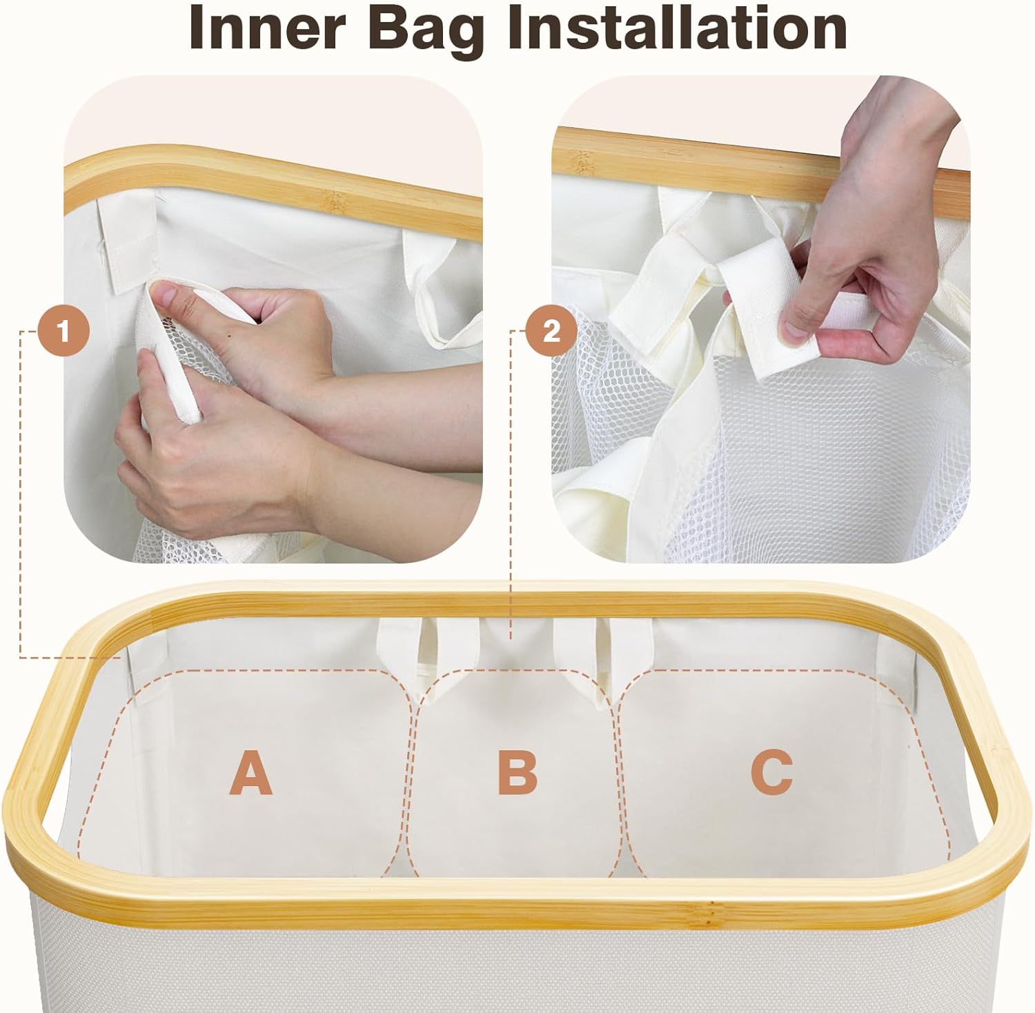 Extra Large 3 Section Dirty Clothes Laundry Basket with Lid, Dirty Clothes Hampers with Removable Bags for Bedroom and Laundry Room, Beige