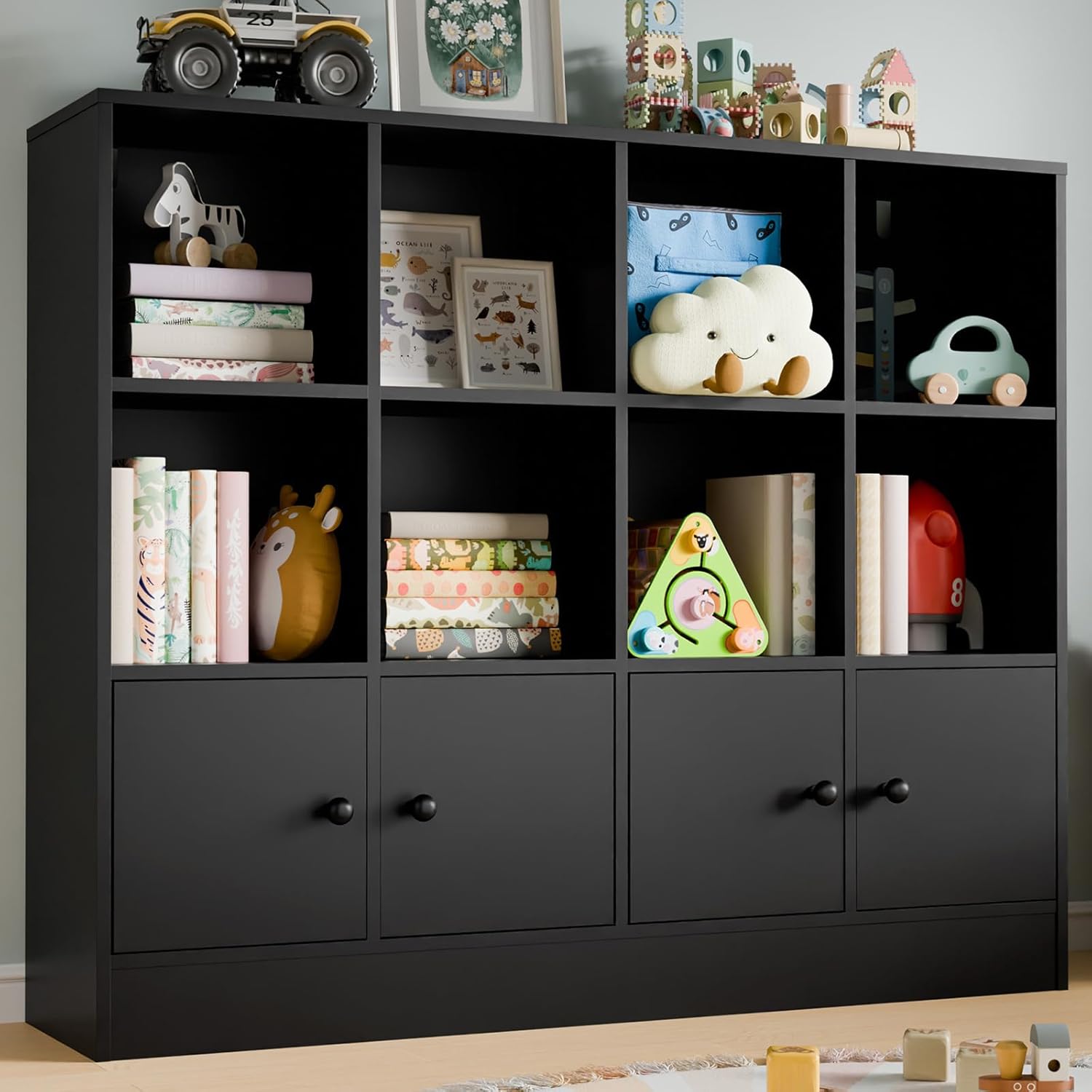 Cozy Castle Black Wood Bookcase,12 Cube Storage Organizer Bookshelf with 4 Doors,3 Tier Storage Cabinet with Adjustable Shelves for Bedroom, Living Room, Office