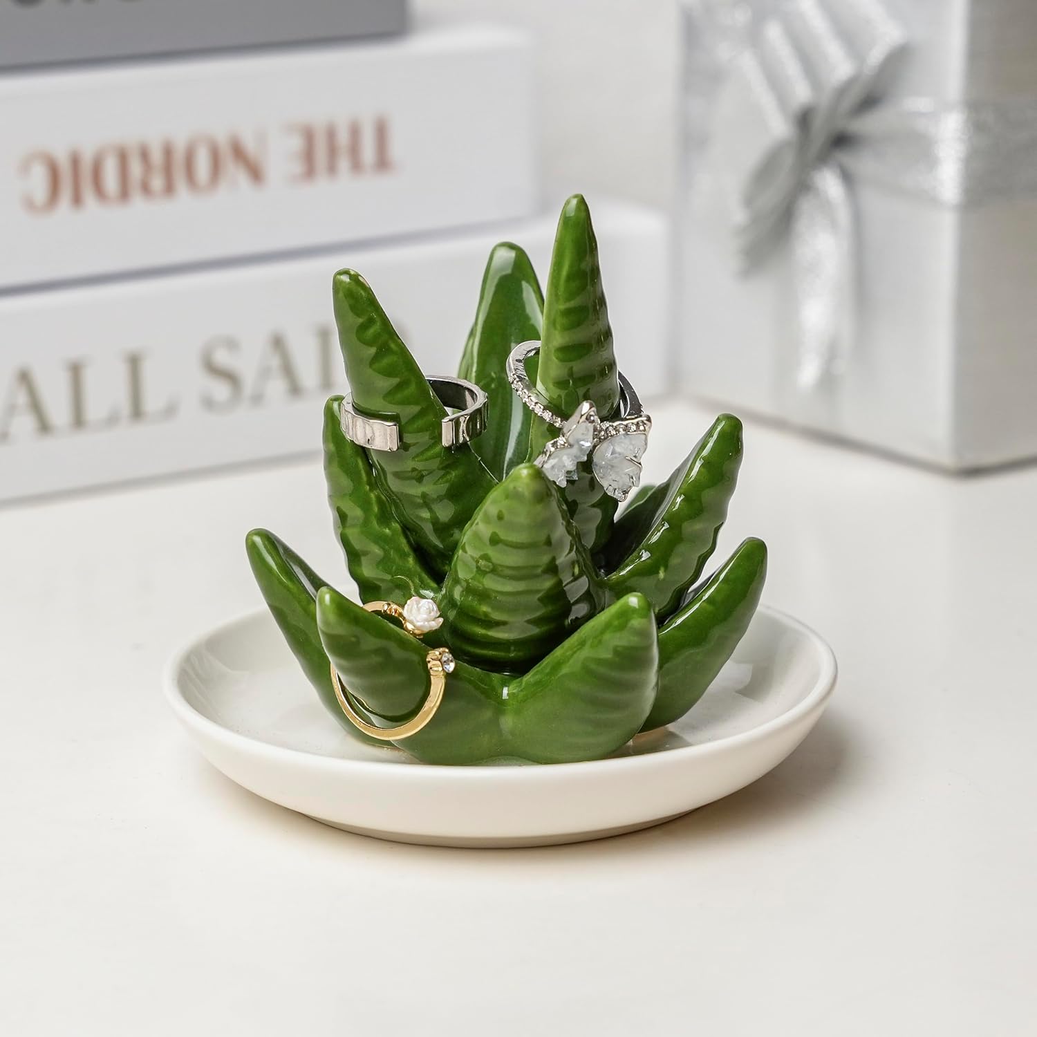 Aloe Ring Holder Ceramic Ring Dish, Jewelry Holder Dish Trinket Tray For Rings Earrings Trinkets Organizer, Christmas Birthday Bridesmaid Gifts for Women