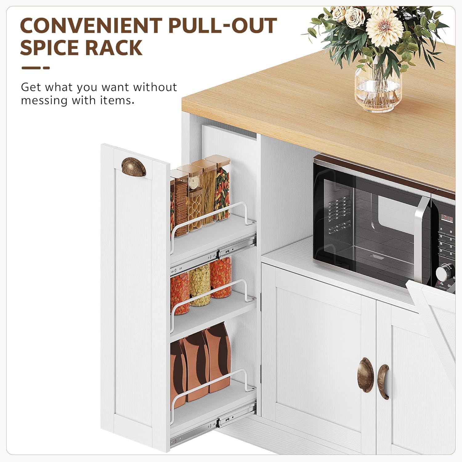Large Kitchen Island, 63"L Island Table for Kitchen with Trash Bin | & Power Outlet, Farmhouse Kitchen Island on Wheels with Spice Rack & Microwave Cart Storage for Dining Room, Home Bar, White