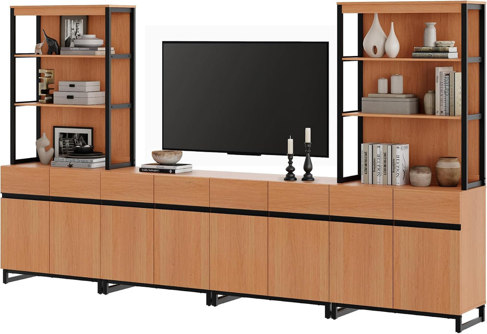 WAMPAT Modern Wall Unit TV Stand with 3 Tiers Bookshelf, Farmhouse Entertainm...