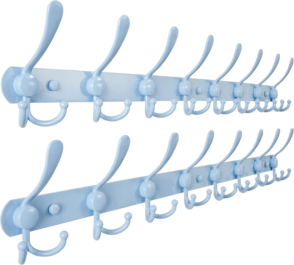 Dseap Coat Rack Wall Mount - 29.5” Long 8-Tri-Hooks Heavy Duty Coat Hanger Rail Wall Hooks for Hanging Coats Hats Clothing Clothes Purse Mudroom Entryway, Blue, Pack of 2
