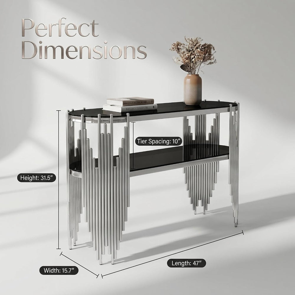 Modern Oval Console Table, 47 Inch Silver Sofa Tables with 2-Tier Black Tempe...
