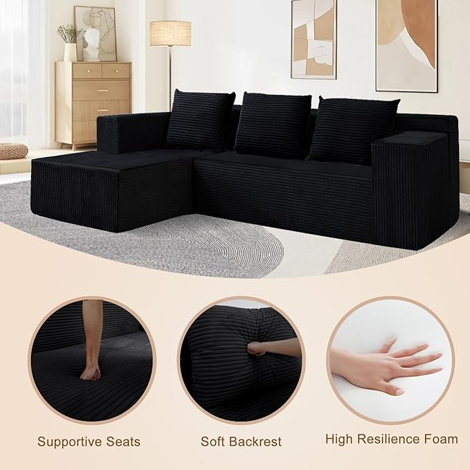 103" Cloud Sectional Sofa, Boneless L-Shape Couch with Chaise, Modern Minimalist Modular Couch for Living Room, Free Combination, Deep Seat, No Assembly Required, Premium Corduroy, Black, L