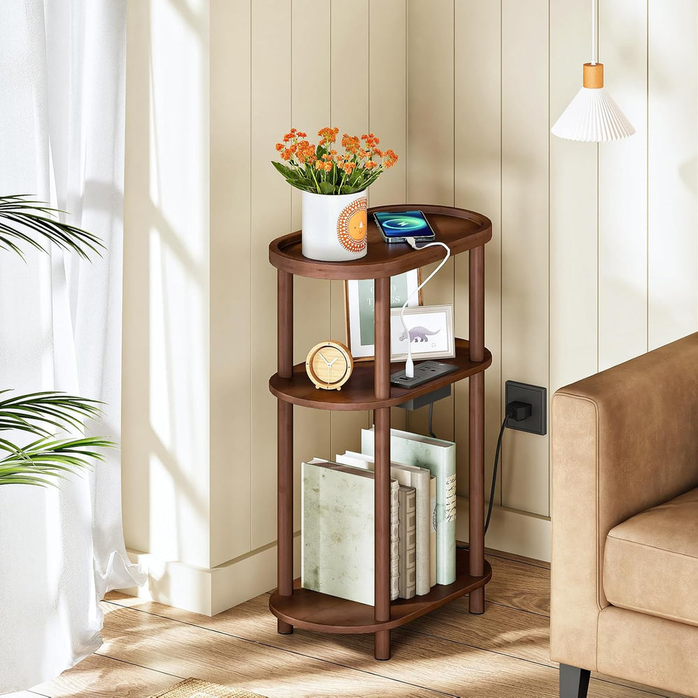 HOOBRO Small Narrow Side Table with Charging Station, 3-Tier Bamboo Narrow En...