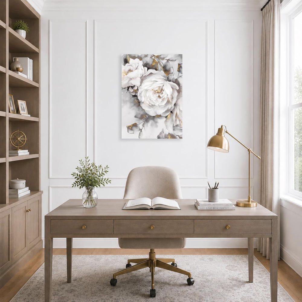 Floral Wall Decor White and Grey Blooming Rose Flower with Gold Canvas Wall A...