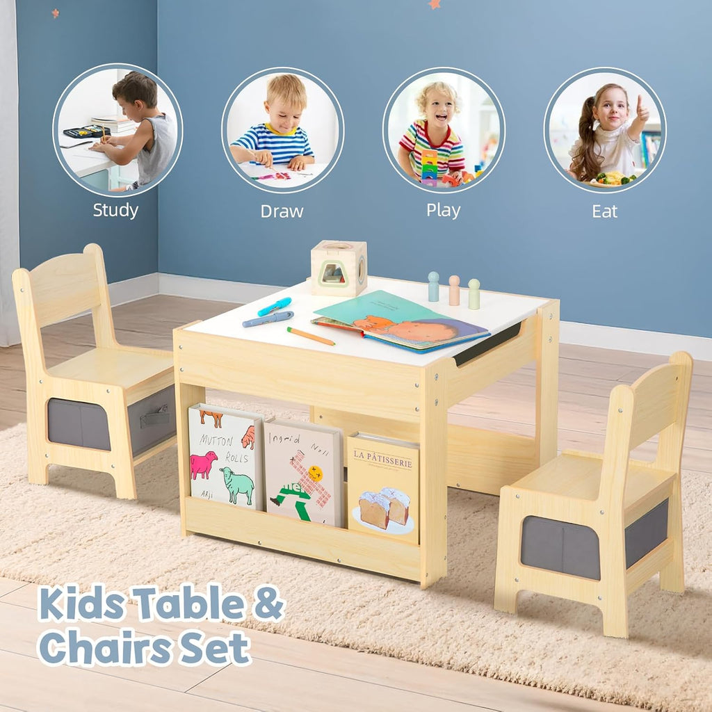 OOOK 4 in1 Kids Table and Chair Set with Storage Drawer and Book Rack | Wood Kids Craft Table with Whiteboard, Blackboard, Detachable Tabletop, Activity Table for Classroom