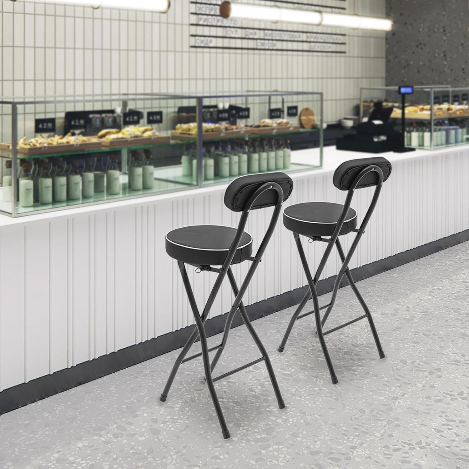 Counter Height Folding Bar Stools, 2PCS Tall Foldable Folding Bar Stool with Backrest and Pu Cushion, for Kitchen, Dining Room, Bar, Shop, Cafe, Garden, Camping, Bakery (Black)