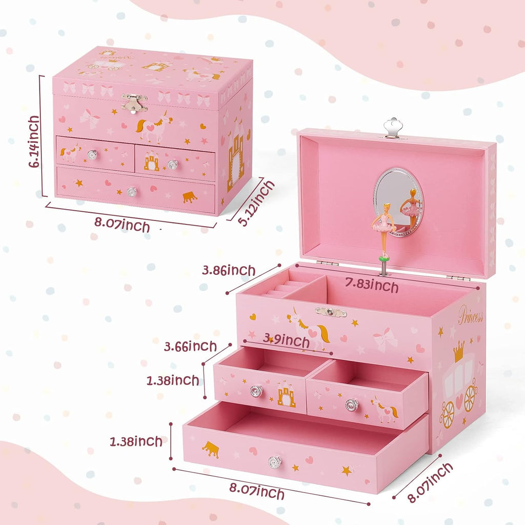 Musical Jewelry Box for Girls 8.07 x 5.12 x 6.14 with 3 Pullout Drawers Spinning Ballerina & Unicorn Jewelry Set, Music Boxes for Birthday Valentine Christmas Gift Waltz of Flowers Tune