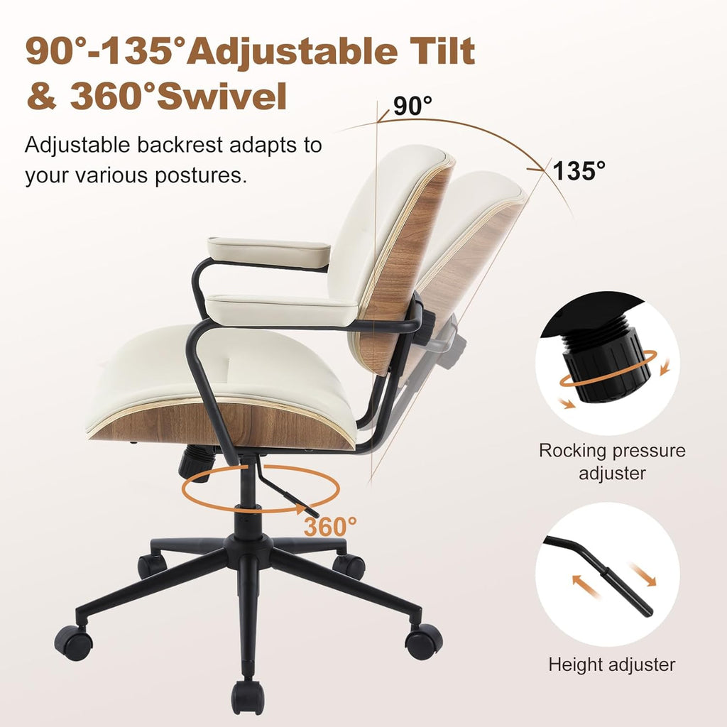 Mid Century Modern Office Chair with Adjustable Backrest, Wooden Desk Chair with Armrests, Swivel Height Adjustable Home Office Chair, Comfortable Task Chair for Home Office, Beige