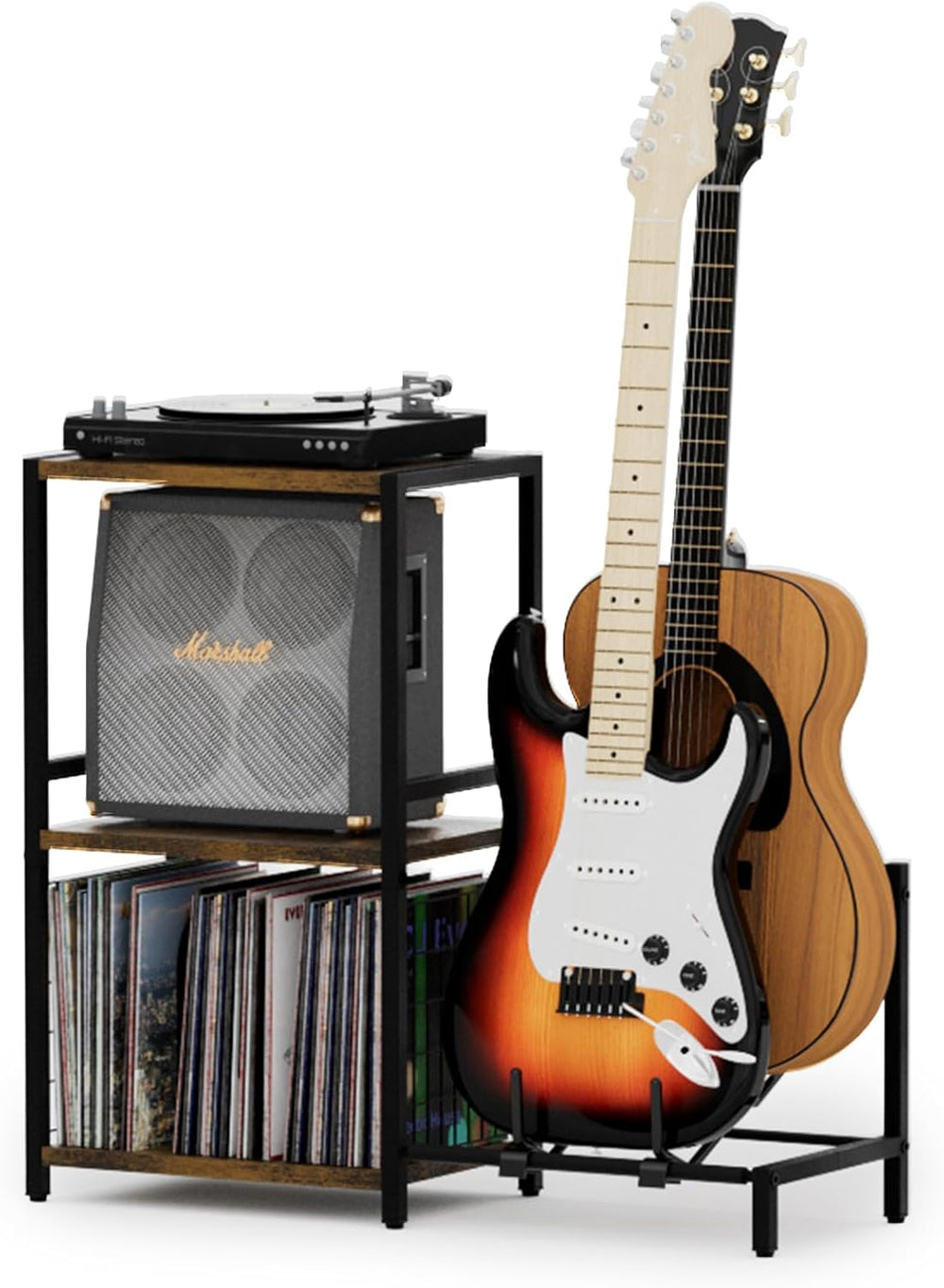 YAKANJ End Table with Guitar Stand,Record Player Stand,Vinyl Records Storage,...