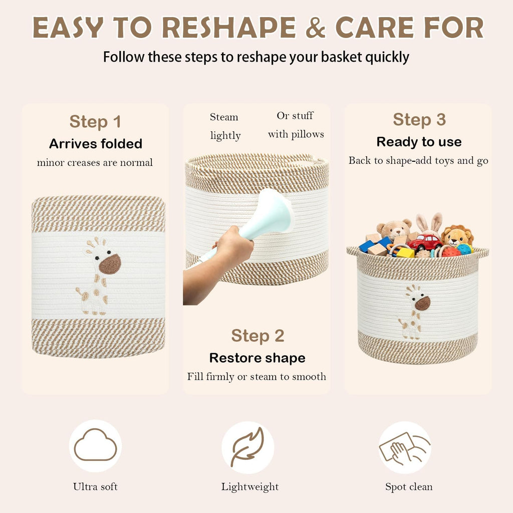 Baby Laundry Basket for Nursery, Large 15”x12” Giraffe Storage Baskets | Cotton Rope Kids Hamper Soft Foldable Bin with Cute Embroidered Animal Designs for Home Toys Organize