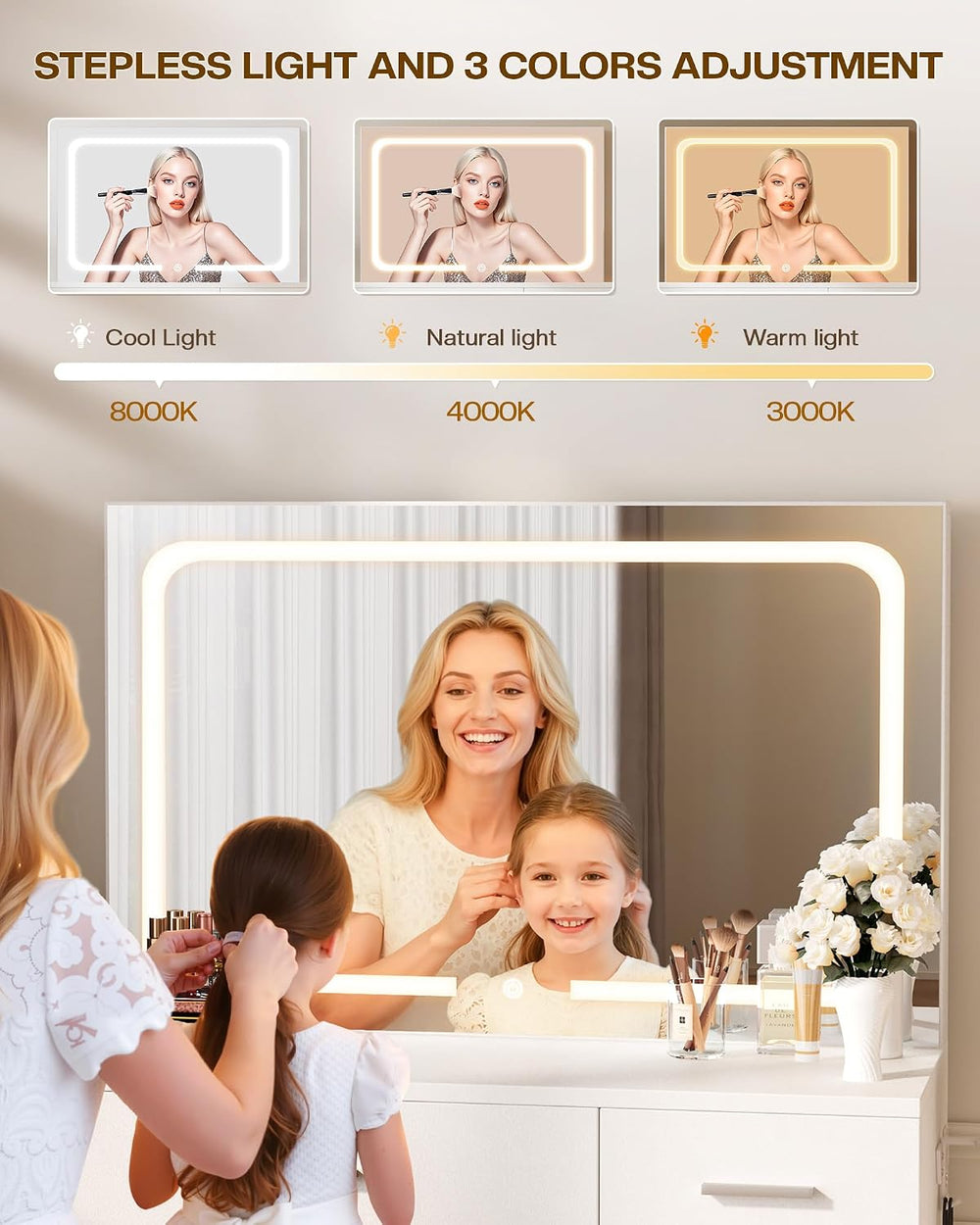 LIVELYGLOW 35.4" White Vanity Desk Set with Full-Width LED Mirror & ...