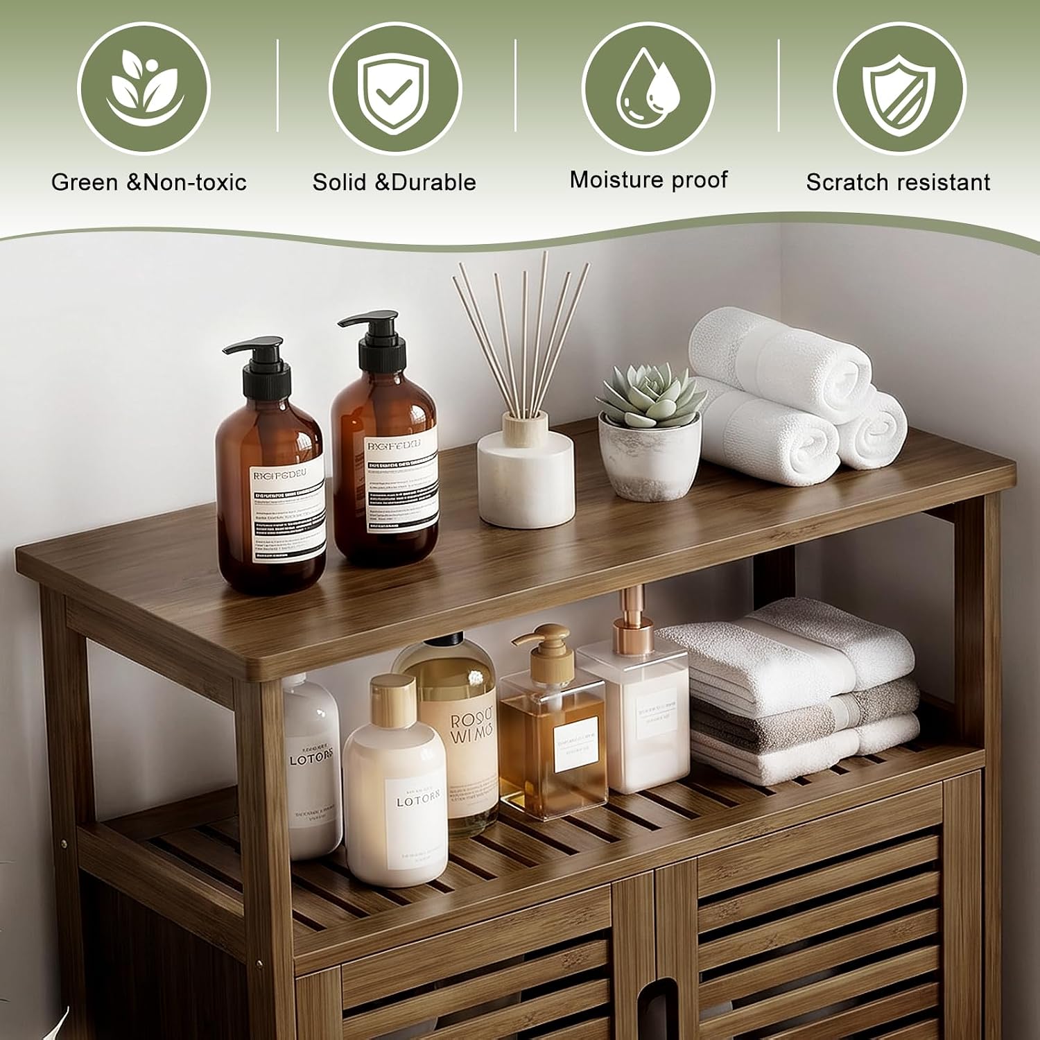 Bamboo Freestanding Bathroom Floor Storage Cabinet with Doors & Shelf | Versatile Cabinet for Living Room Entryway Hallway, Spacious Storage, FSC-certified Bamboo, Easy Assembly, Walnut