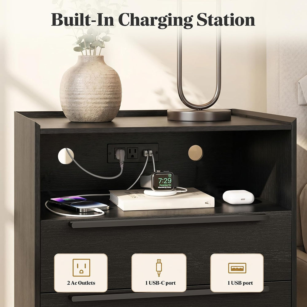 26 Inch Tall Black Oak Nightstands Set of 2 with Charging Station | Matching ...