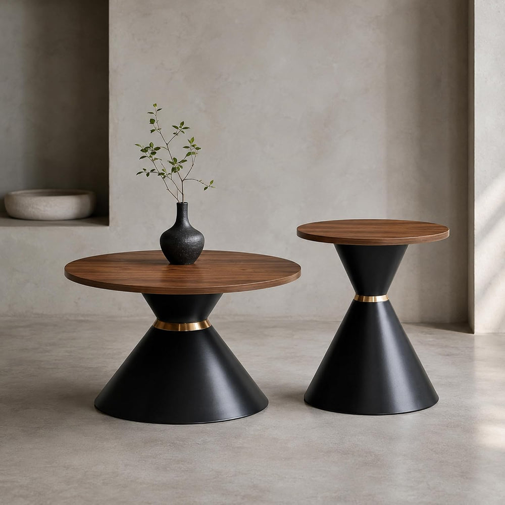 Round Coffee Table Set, Walnut Textured Top with Metal Base, Living Room &amp...