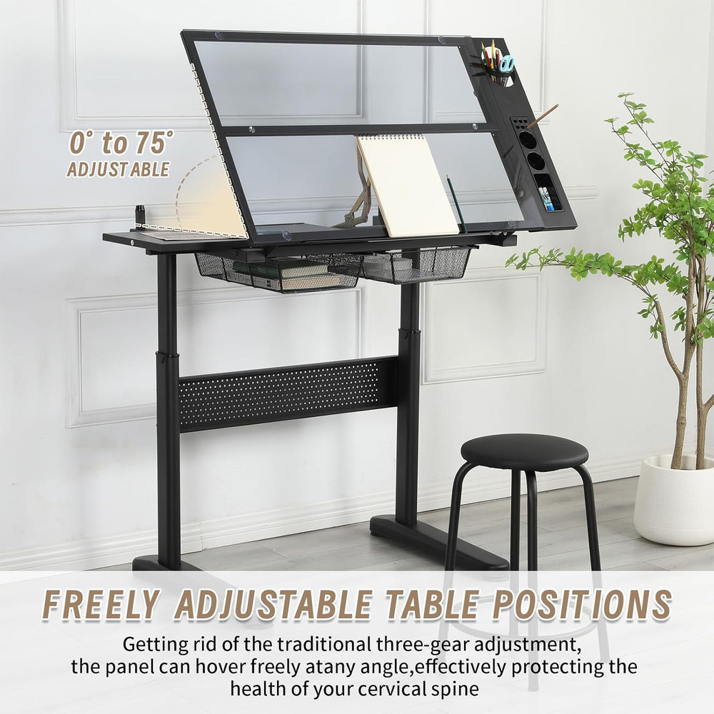 Adjustable Drafting Table with Hand-Crank Lift, 0-75° Tilting Tempered Glass ...