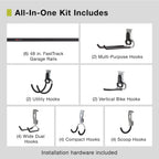 Rubbermaid 24-Piece FastTrack Garage Wall-Mounted Storage Kit, 6 Rails and 18 Hooks, Black, for Home/House/Tool/Sports/Equipment/Utility Purposes