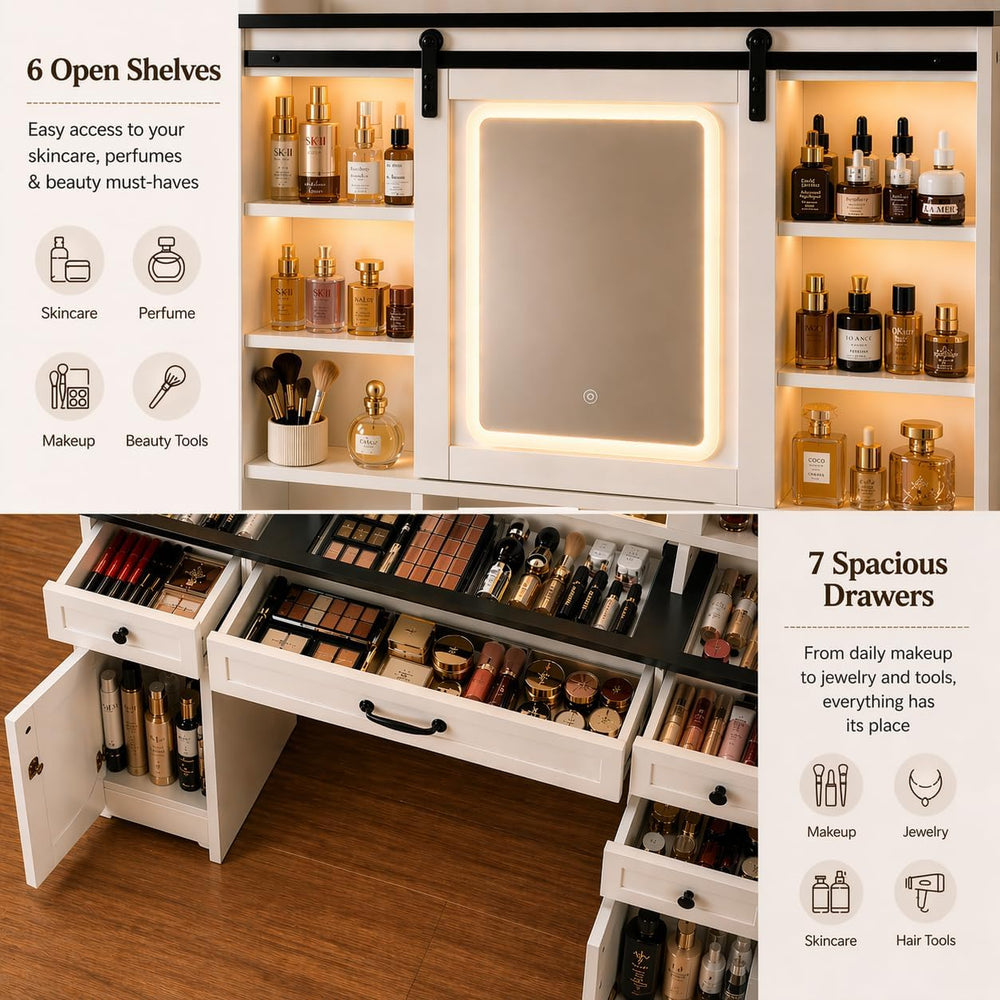 Vanity with Sliding Barn Mirror, Glass Top Makeup Desk with Outlet & Char...