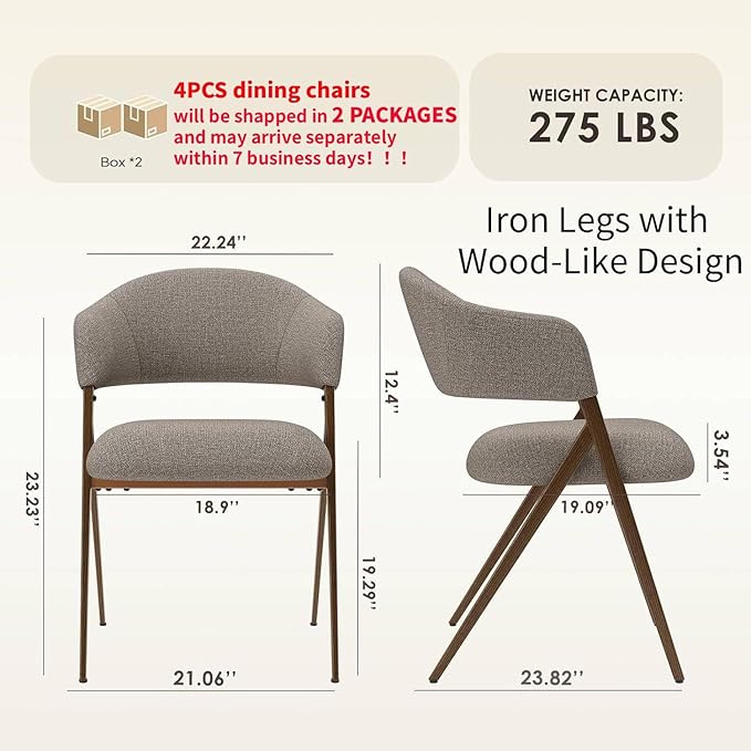 COLAMY Dining Chairs Set of 4, Modern Fabric Upholstered Dining Room Kitchen Side Chairs with Iron Legs, Open Back and Padded Seat, for Living Room/Restaurant/Cafe, Taupe