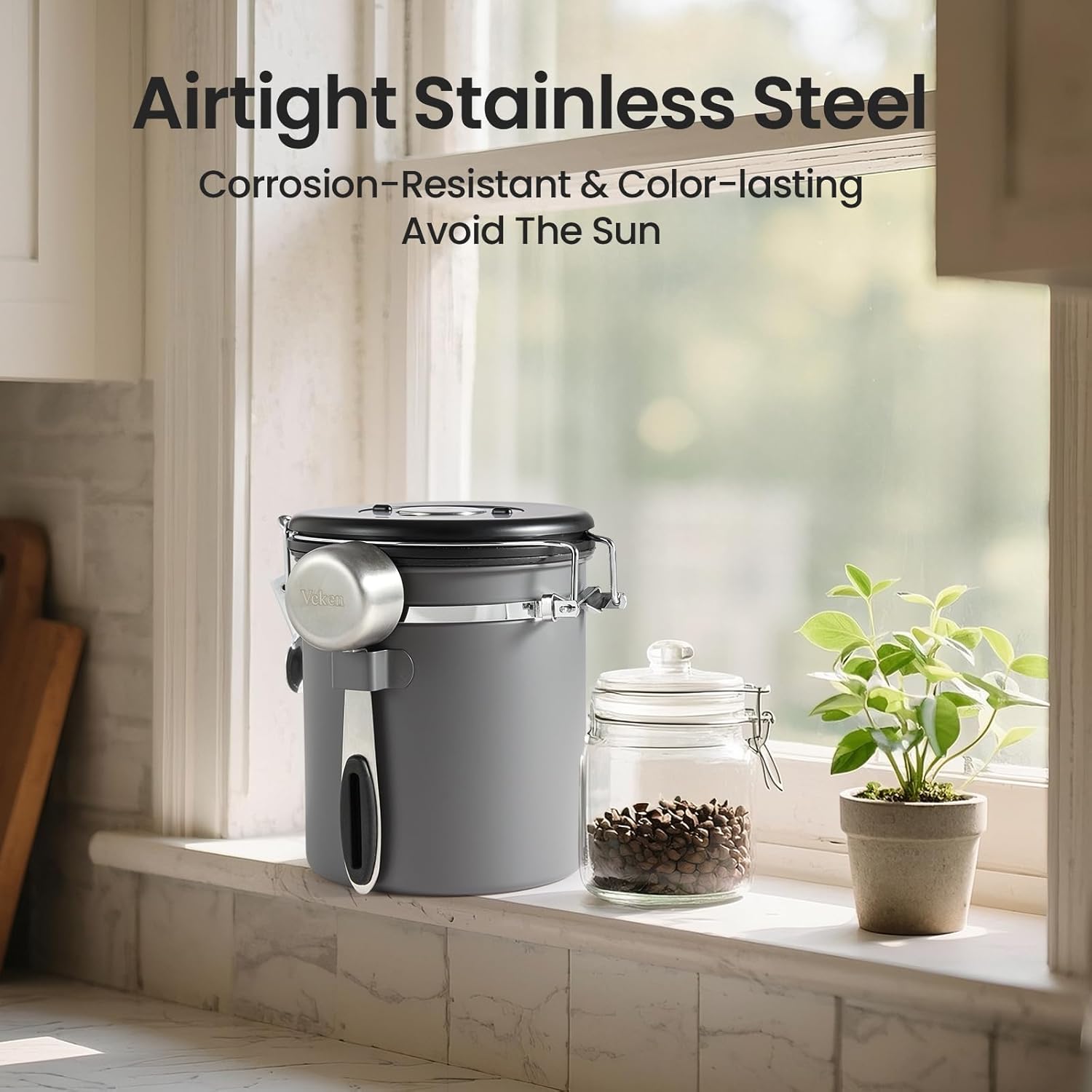 Veken Coffee Canister, Airtight Stainless Steel Kitchen Food Storage Container with Date Tracker and Scoop for Beans, Grounds, Tea, Flour, Cereal, Sugar, 16OZ, Gray