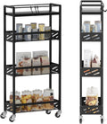 DGSNADGO Slim Rolling Storage Cart, 4-Tier Kitchen Cart on Wheels, Narrow Utility Cart with Handle and Wooden Tabletop for Small Space in Kitchen, Living Room, Bathroom, Laundry Room, Beige (Black)