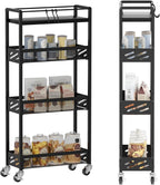 DGSNADGO Slim Rolling Storage Cart, 4-Tier Kitchen Cart on Wheels, Narrow Utility Cart with Handle and Wooden Tabletop for Small Space in Kitchen, Living Room, Bathroom, Laundry Room, Beige (Black)