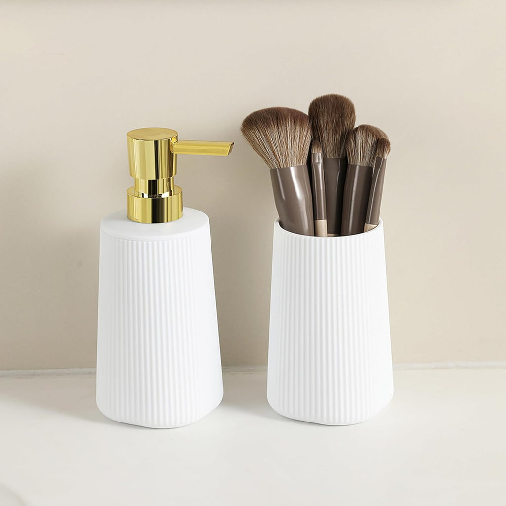 Bathroom Accessories 2 Piece Soap Dispenser and Toothbrush Holder Set Striped White and Gold