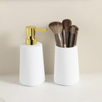 Bathroom Accessories 2 Piece Soap Dispenser and Toothbrush Holder Set Striped White and Gold